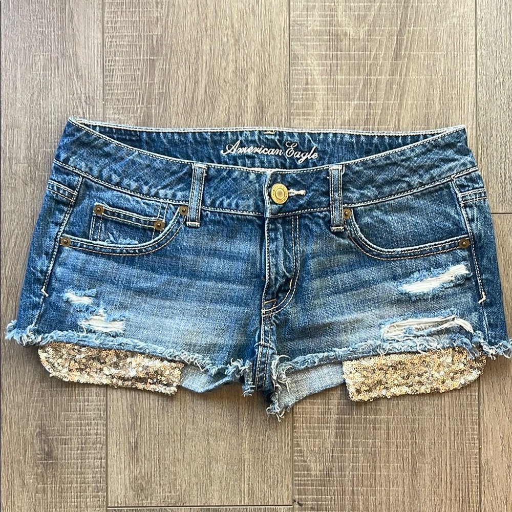 American Eagle Outfitters Women's Blue Denim Shorts with Sequin Accents